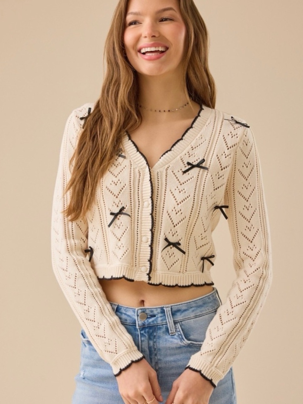 Altar'd State (Willow and Wind) - Cream Cropped Cardigan with Black Trim